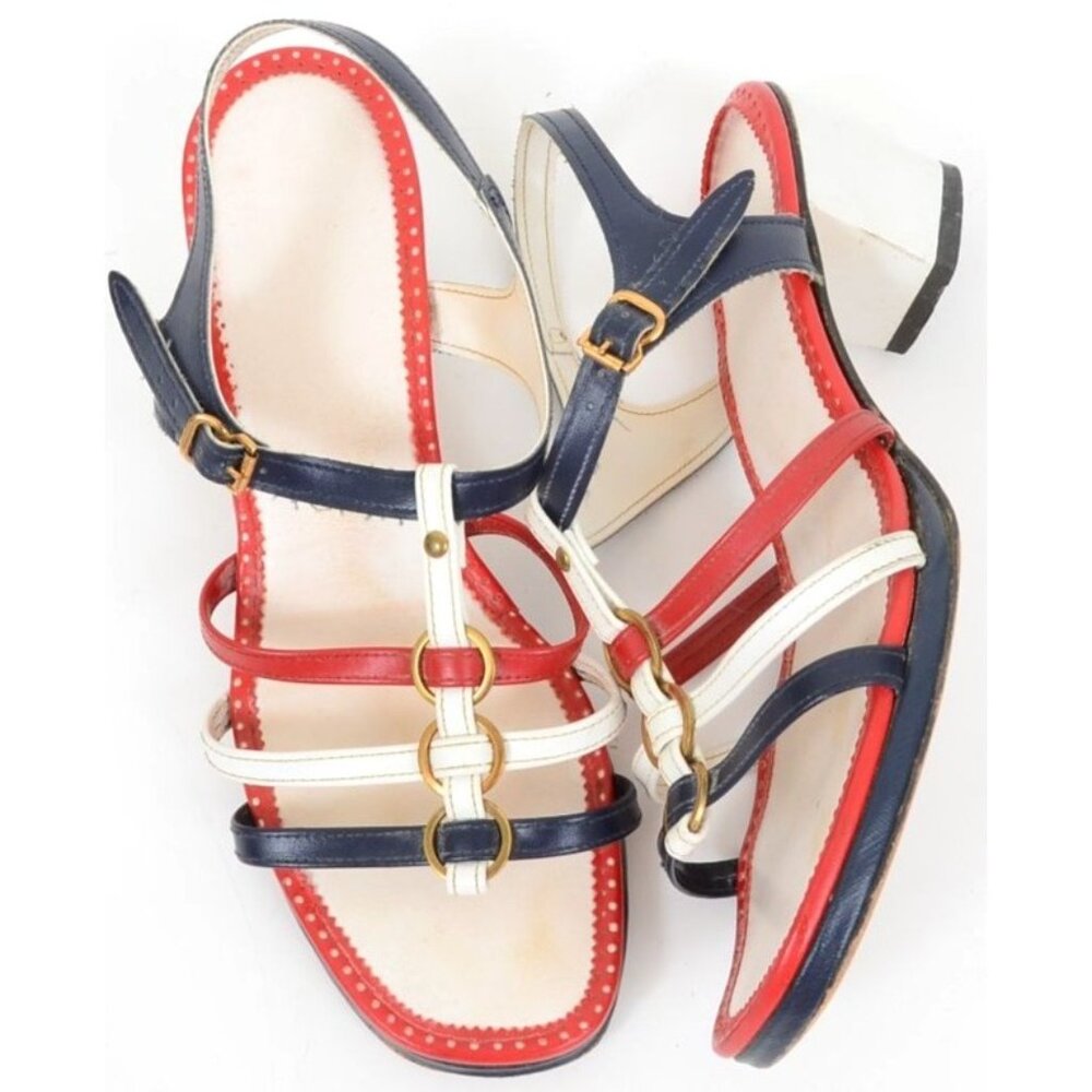 Vintage Women's 7.5 Red White Blue Slingback Low Heel Sandal Retro Pin-Up Shoes